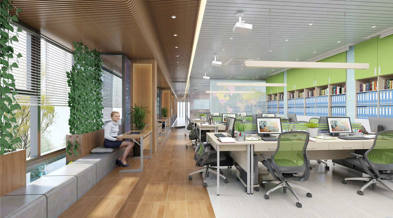 Thiết kế nội thất văn phòng với mảng xanh thiên nhiên. 