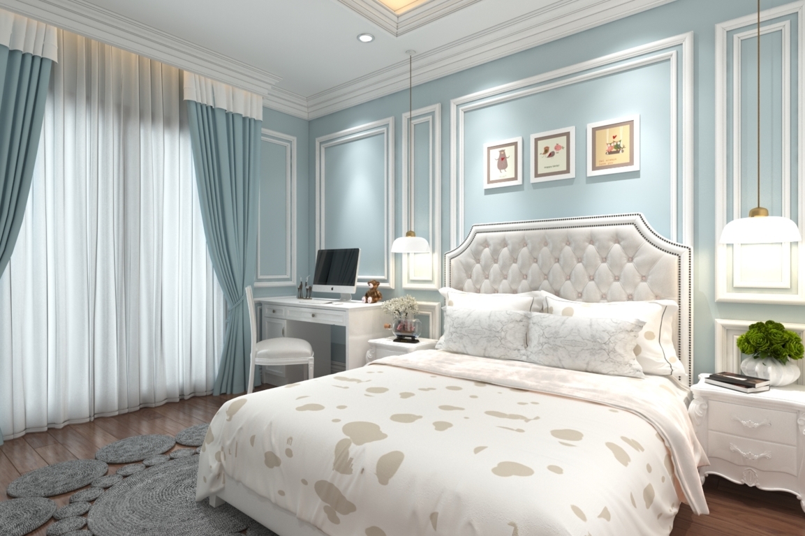 Phòng ngủ sử dụng gam màu trắng chủ đạo giúp không gian thoáng đẹp. 