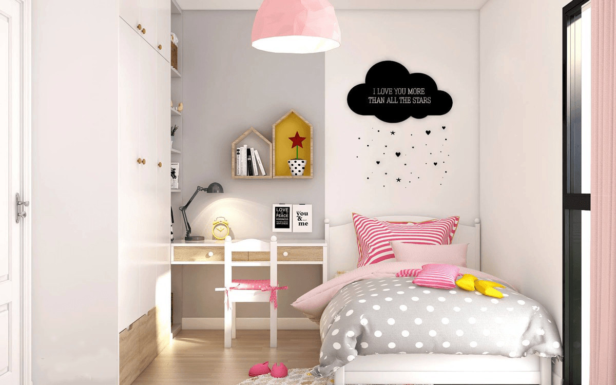 Bé gái mơ mộng và lãng mạn, nên bạn có thể chọn tông hồng trắng cho phòng ngủ của bé. 