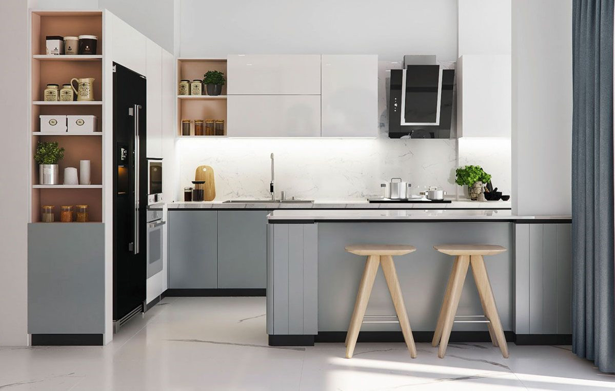 Phối màu sắc hài hoà, hợp lý cũng là cách giúp không gian bếp nhỏ trông rộng rãi hơn. 
