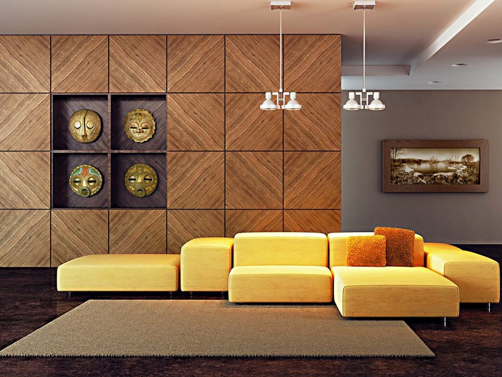 Thi công nội thất phòng khách với chất liệu gỗ tạo sự sang trọng, hiện đại.